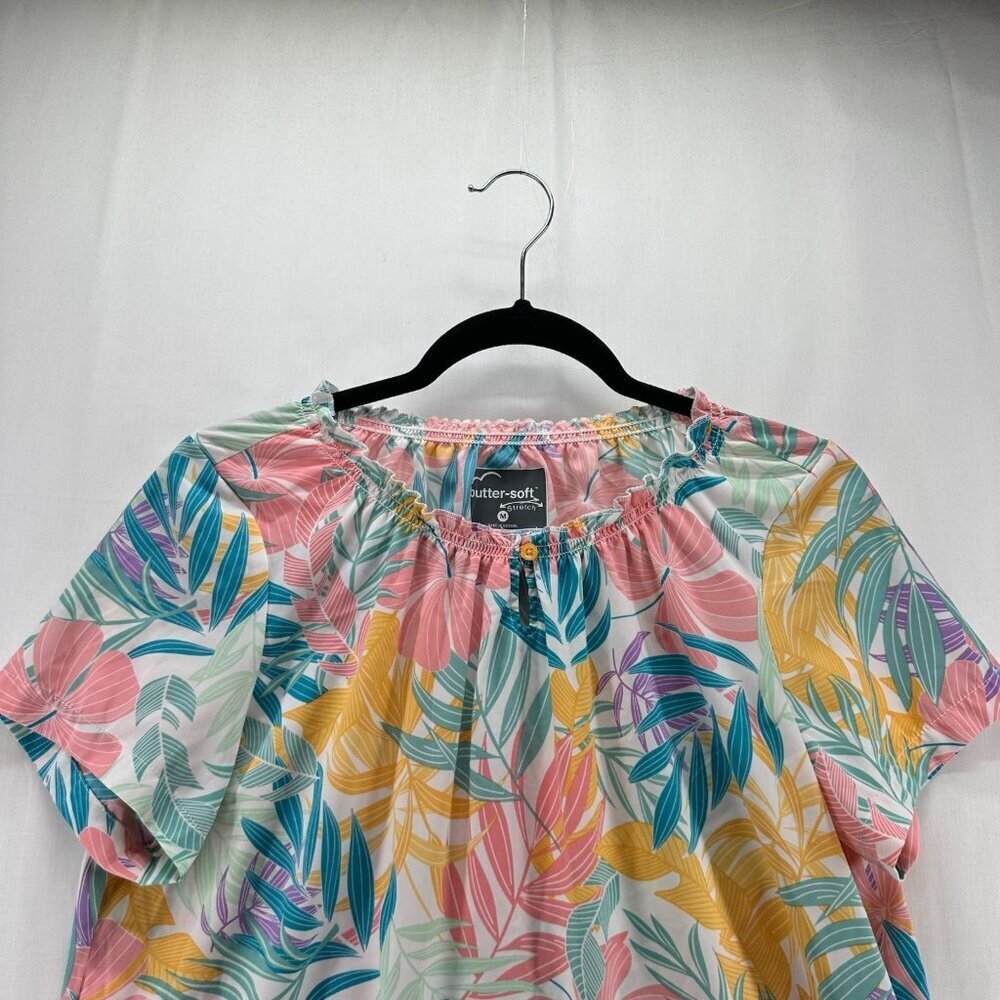 Butter-Soft Scrub Top Womens M Stretch Tropical 6-Pocket Peasant Medical Pink - Picture 3 of 11